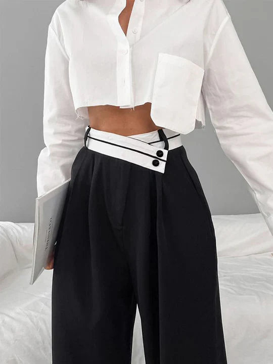 Asymmetric pants with contrast waistband