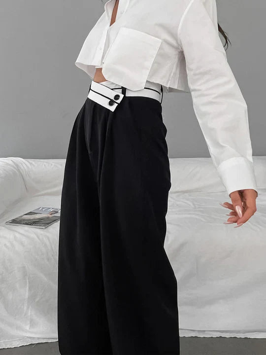 Asymmetric pants with contrast waistband