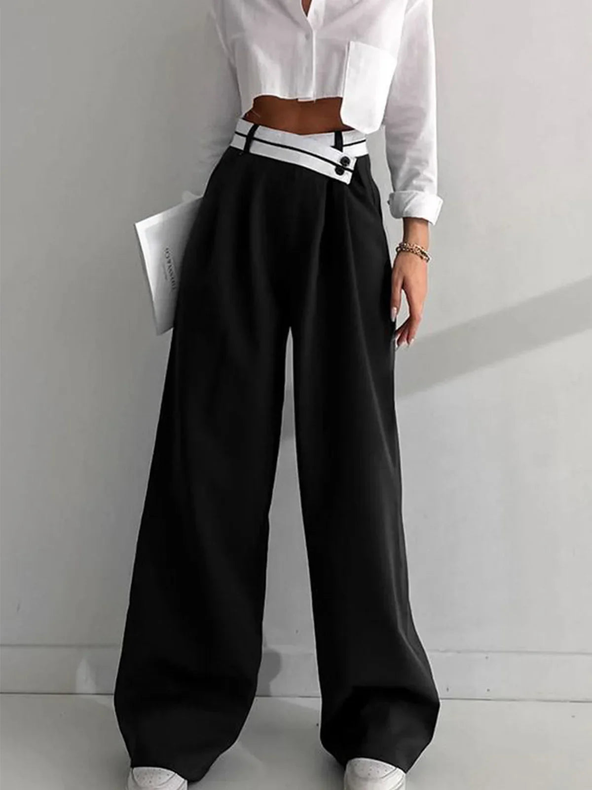 Asymmetric pants with contrast waistband