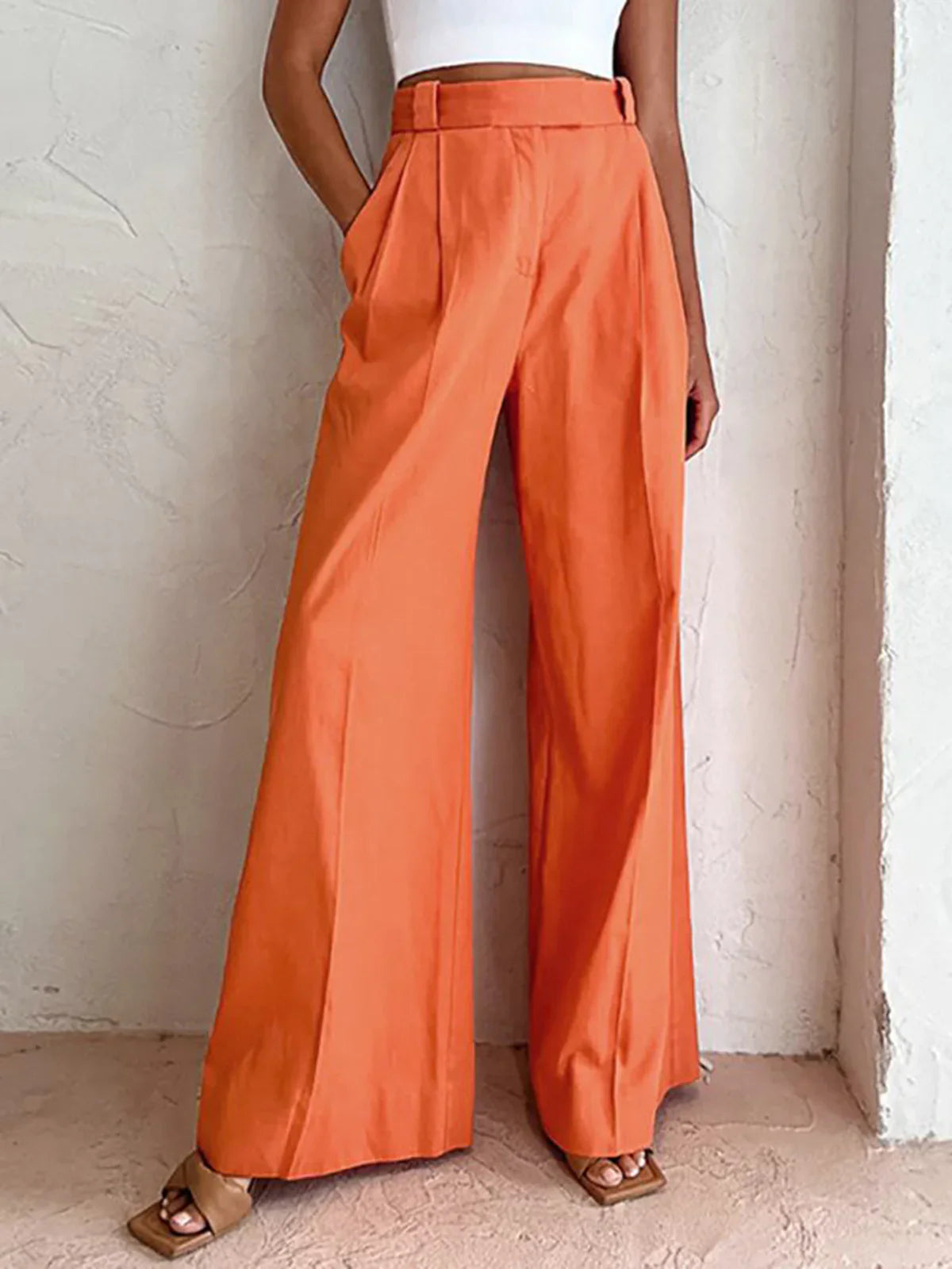 Wide linen-cotton pants in bold orange