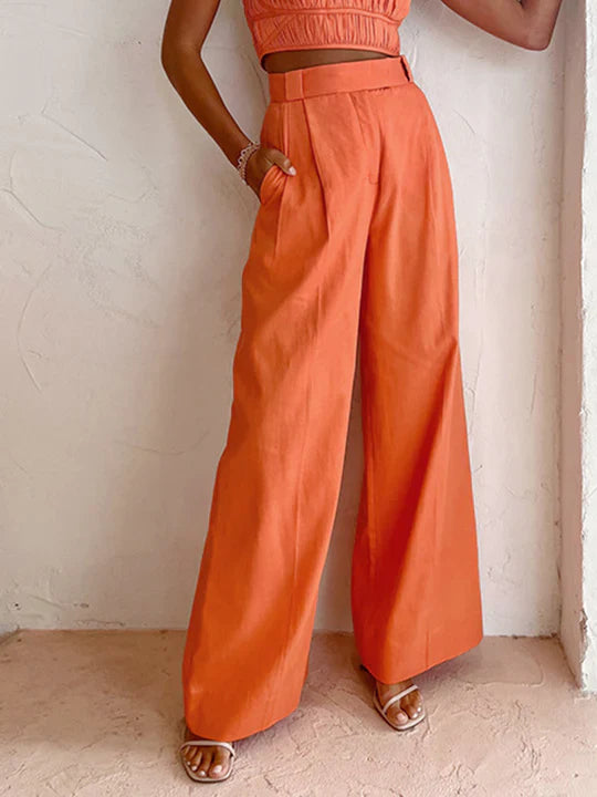 Wide linen-cotton pants in bold orange