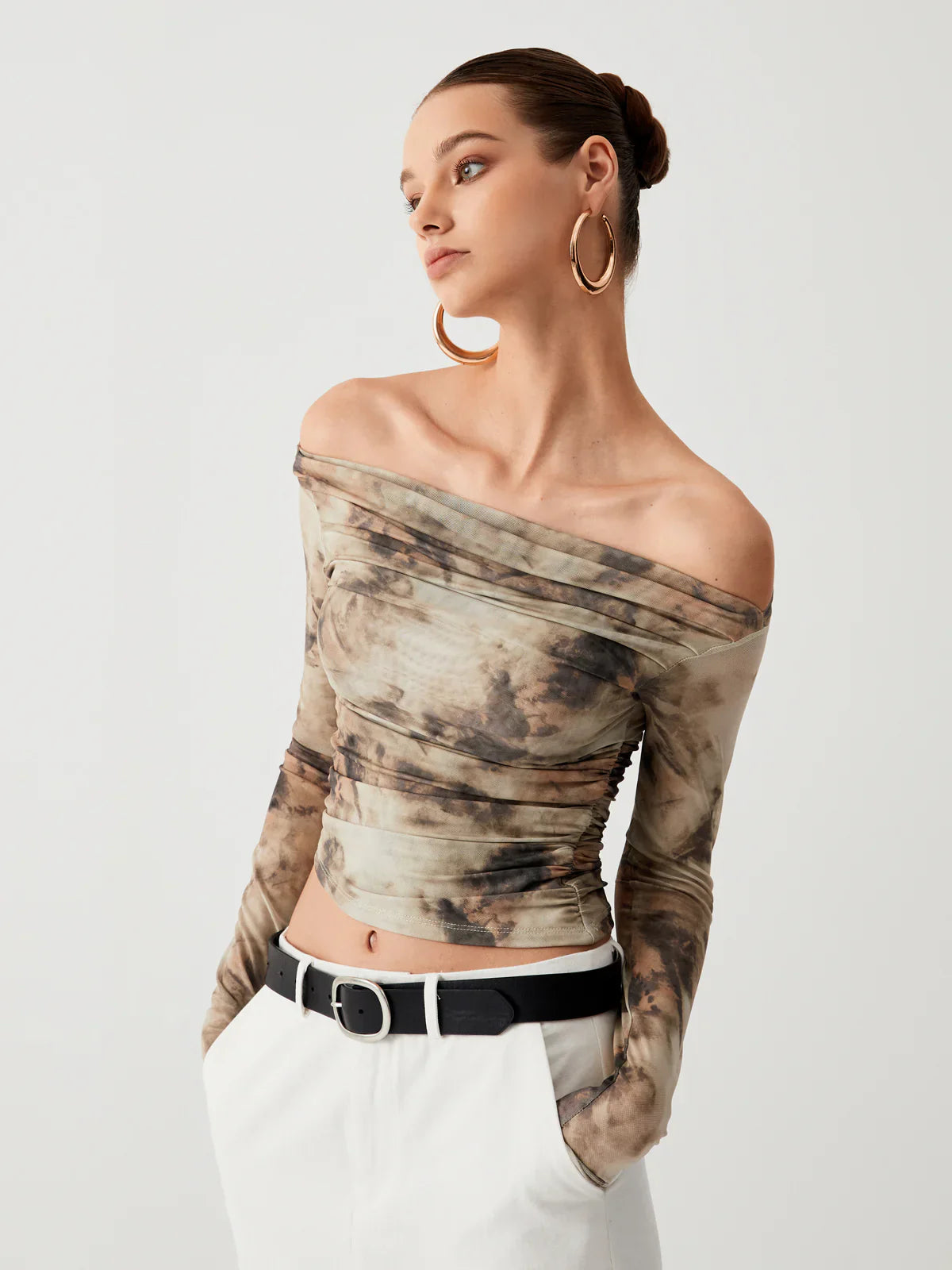 Terracotta off-shoulder tulle crop top